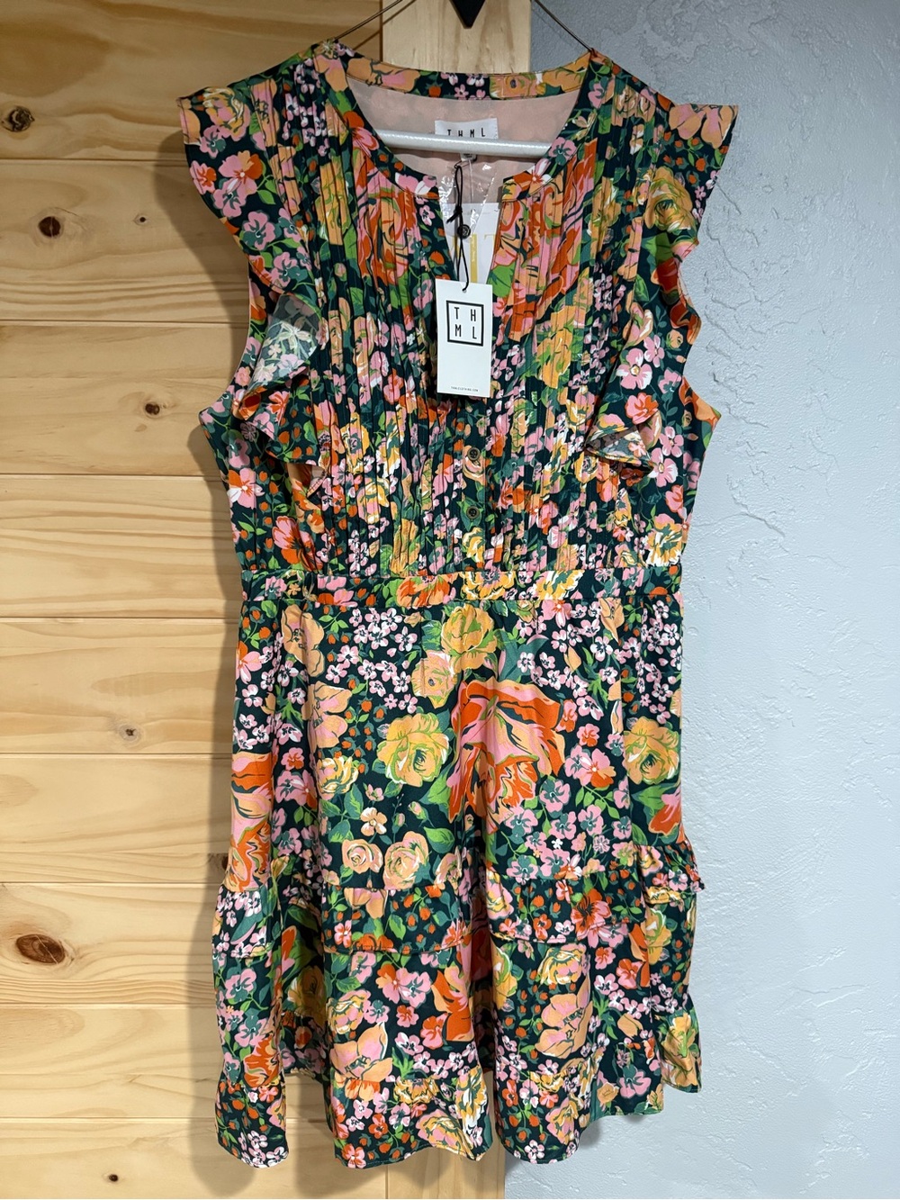 NWT THML Floral Ruffle dress in Green Pink Peach